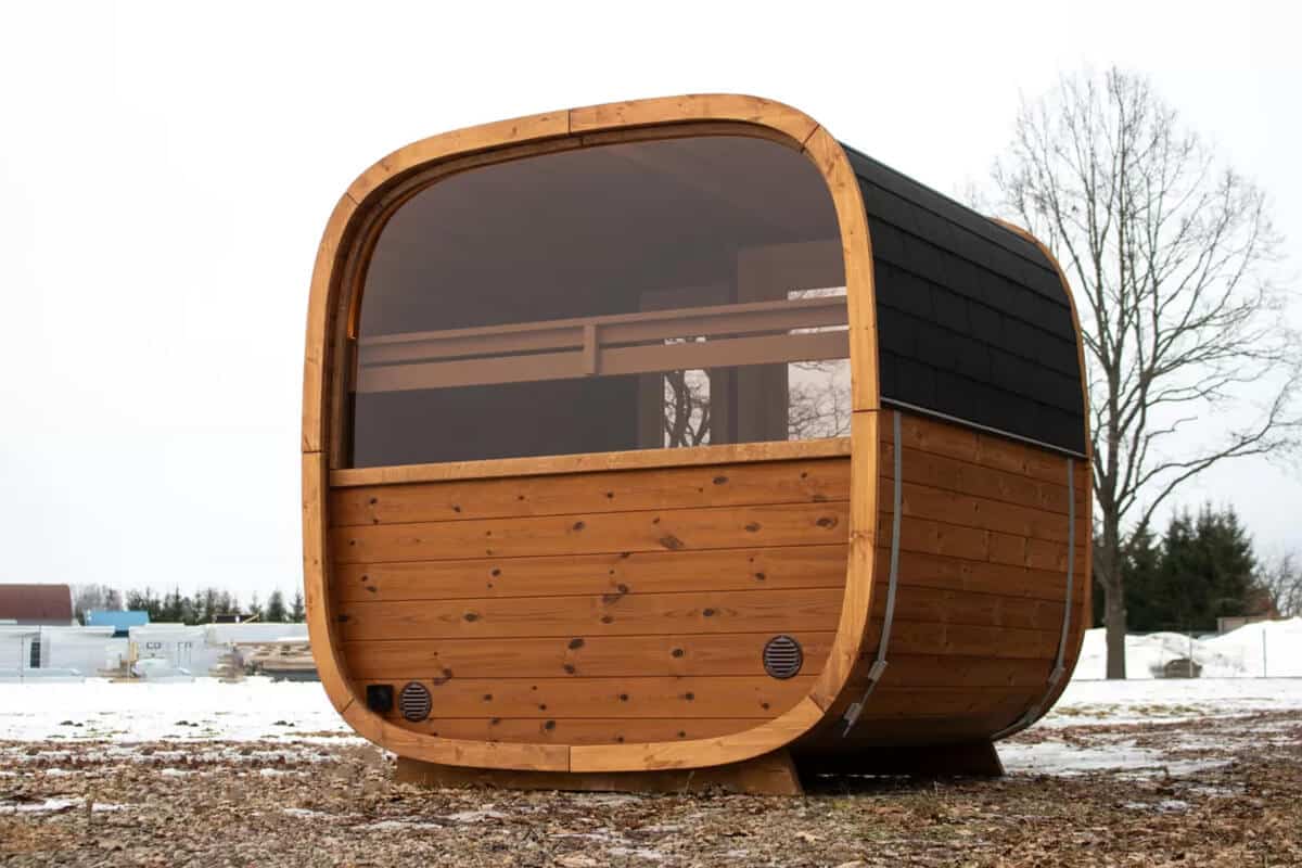 Compact Outdoor Sauna Cabin – Dice Sauna POCKET | Thermowood 1-4 Person Prefab with Glass Front & Alder Benches