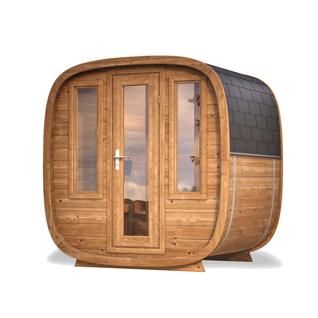 Compact Outdoor Sauna Cabin – Dice Sauna POCKET | Thermowood 1-4 Person Prefab with Glass Front & Alder Benches