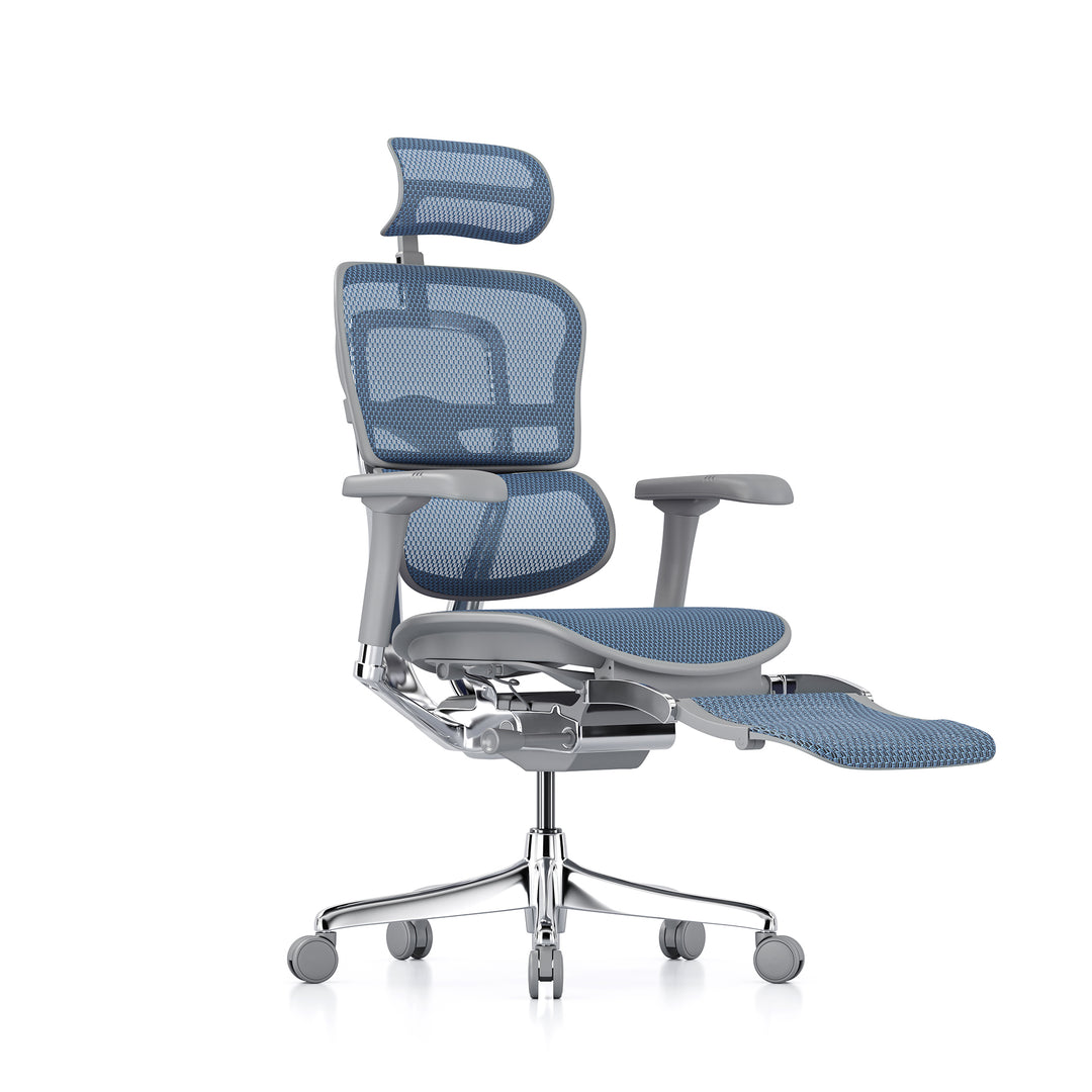 Ergohuman Office Chair- Blue Mesh Office Chair Ergohuman With Headrest + Legrest Grey