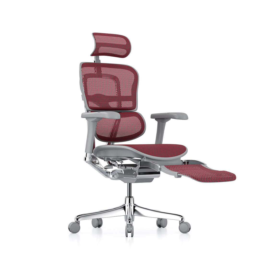 Ergohuman Office Chair- Red Mesh Office Chair Ergohuman With Headrest + Legrest Grey