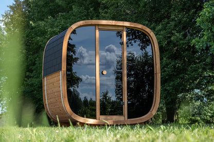 Compact Outdoor Sauna Cabin – Dice Sauna POCKET | Thermowood 1-4 Person Prefab with Glass Front & Alder Benches