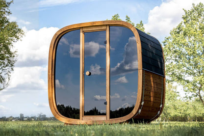 Compact Outdoor Sauna Cabin – Dice Sauna POCKET | Thermowood 1-4 Person Prefab with Glass Front & Alder Benches
