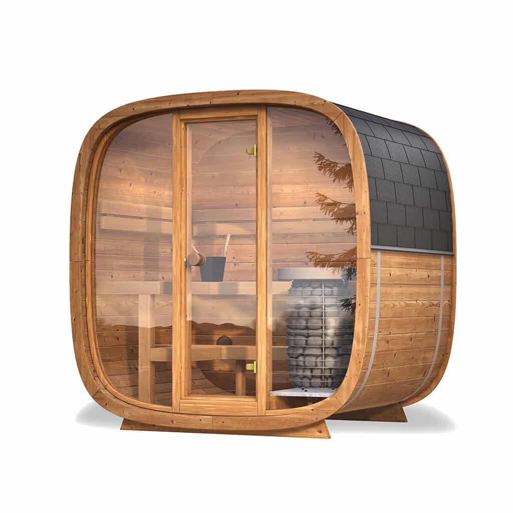 Compact Outdoor Sauna Cabin – Dice Sauna POCKET | Thermowood 1-4 Person Prefab with Glass Front & Alder Benches