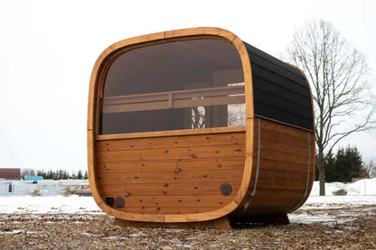 Compact Outdoor Sauna Cabin – Dice Sauna POCKET | Thermowood 1-4 Person Prefab with Glass Front & Alder Benches