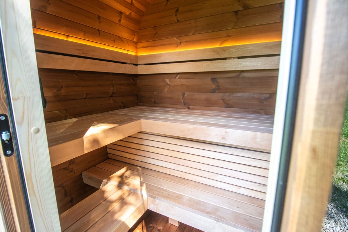 Compact Outdoor Sauna Cabin – Dice Sauna POCKET | Thermowood 1-4 Person Prefab with Glass Front & Alder Benches